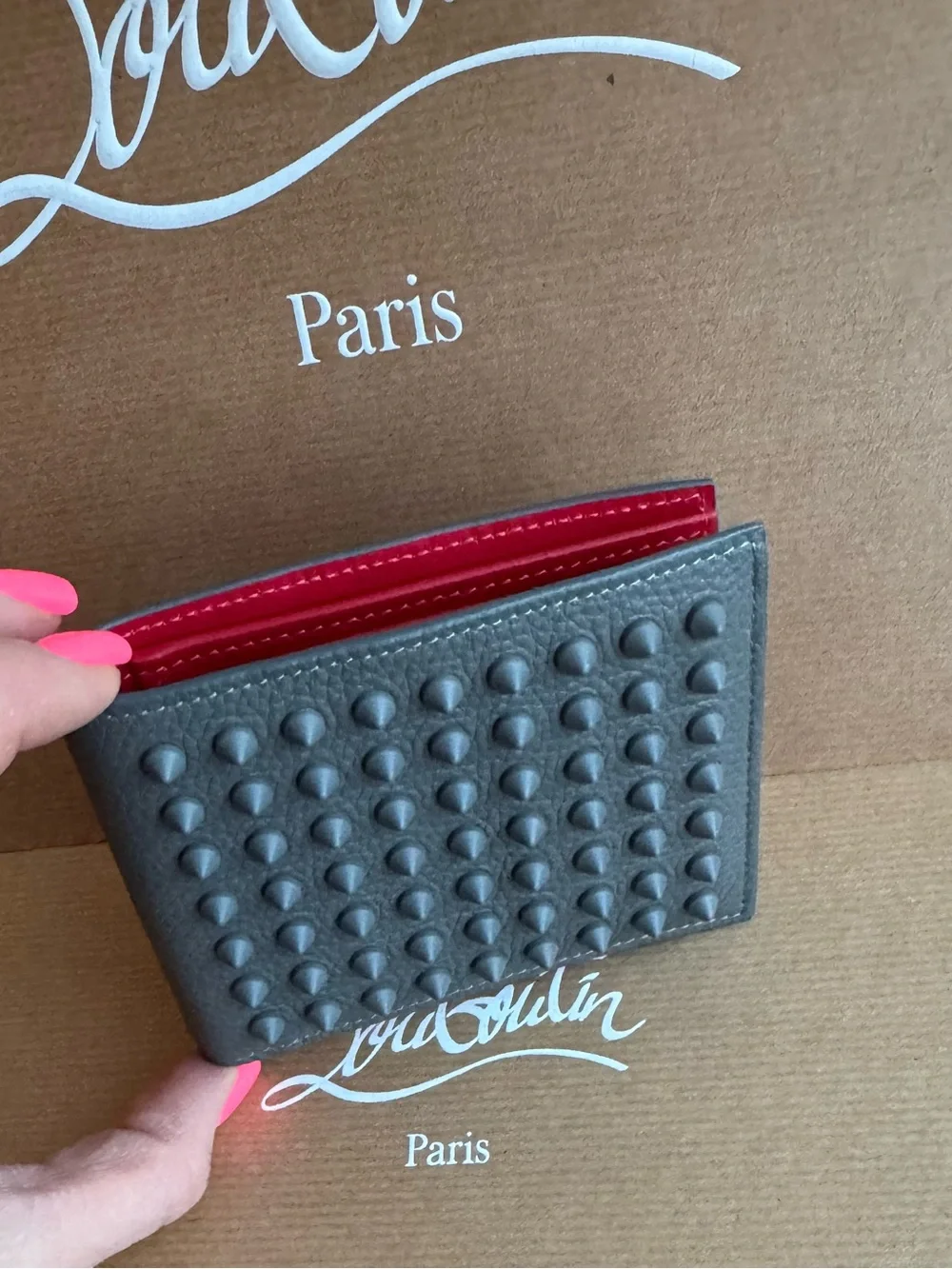 NWT Christian Louboutin Men’s Funky Studded Leather Bifold Wallet in Smoke Grey